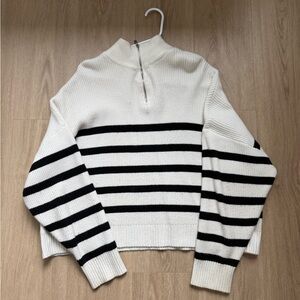 Mango Black and White Striped Turtleneck Zip Up Sweater
